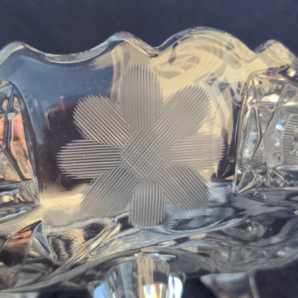 Elegant vintage Cut glass footed bowl, floral design, scalloped edge